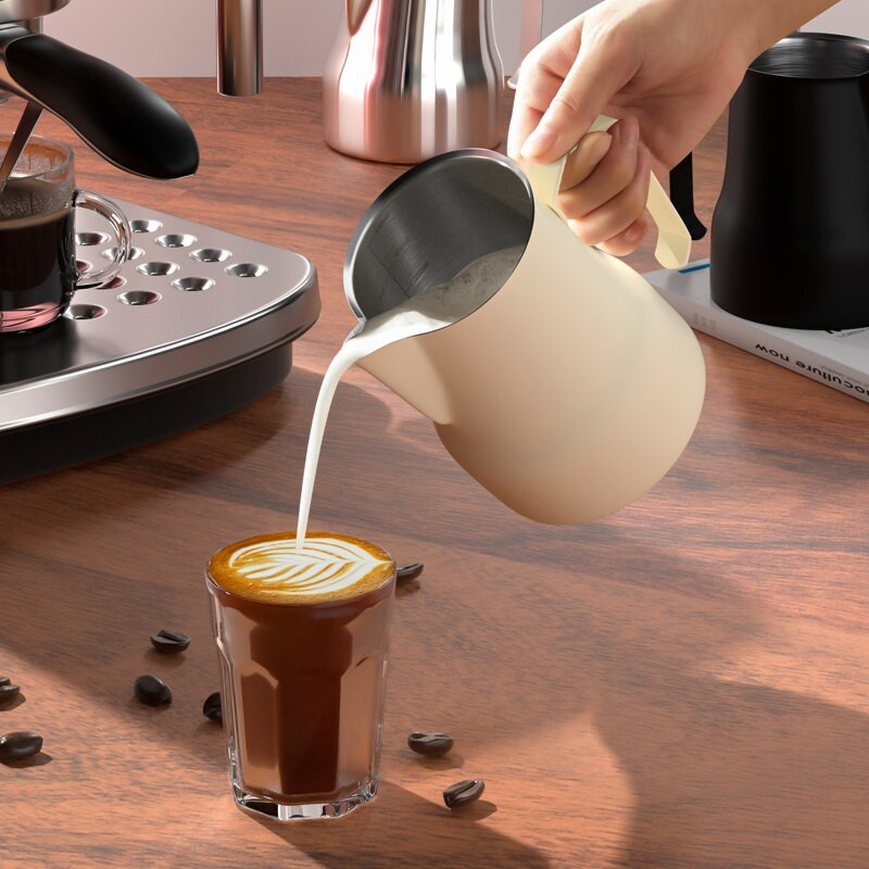 Rozsdamentes acél tejhab csésze, espresso pull Flower csésze, mérőpohár belső skálával, 350 ml/500 ml tejtartály