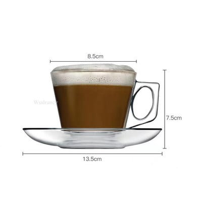 Wudruncy üvegcsészék és csészealj készlet átlátszó üveg kávésbögrék készlet Ideális 6,5 uncia csésze cappuccino latte mokkához és teához