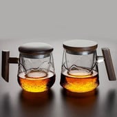 Üvegbögre víz csésze átlátszó termikus bögre tejes sörös teáscsésze béléssel fa fogantyú Vintage irodai kávésbögrék Design Kubek