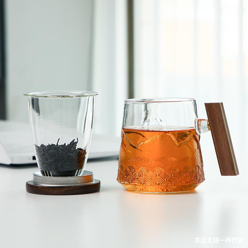 Üvegbögre víz csésze átlátszó termikus bögre tejes sörös teáscsésze béléssel fa fogantyú Vintage irodai kávésbögrék Design Kubek