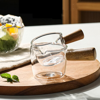 Διαφανές γυάλινο φλιτζάνι γάλακτος Ιαπωνικού στιλ με ξύλινη λαβή Μίνι κανάτα γάλακτος Μπριζόλα μπριζόλα σάλτσας μπριζόλας Κουβάς για καφέ