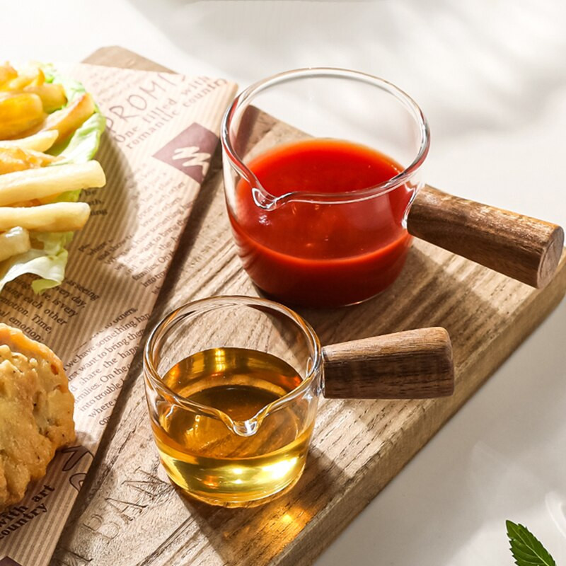 Japán stílusú átlátszó üveg tejcsésze fa fogantyúval mini tejkancsó kávés tejeskanna steak szósz vödör kávés edények