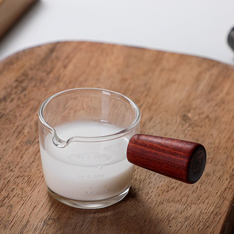 Stiklinis pieno ąsotis medinė rankena pilti kavos grietinėlės padažą ąsotis 40ml 75ml Barista Craft Coffee Latte pieno putojimo ąsotis