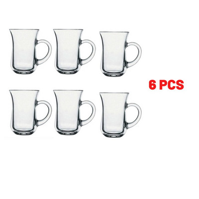 6 db vékony derekú török tea csésze készlet 2 féle 6db minőségi szemüveg fogantyúval 125 és 140 cc, hagyományos 5 órás servin