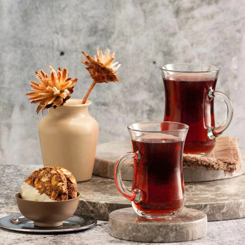 6 db vékony derekú török tea csésze készlet 2 féle 6db minőségi szemüveg fogantyúval 125 és 140 cc, hagyományos 5 órás servin