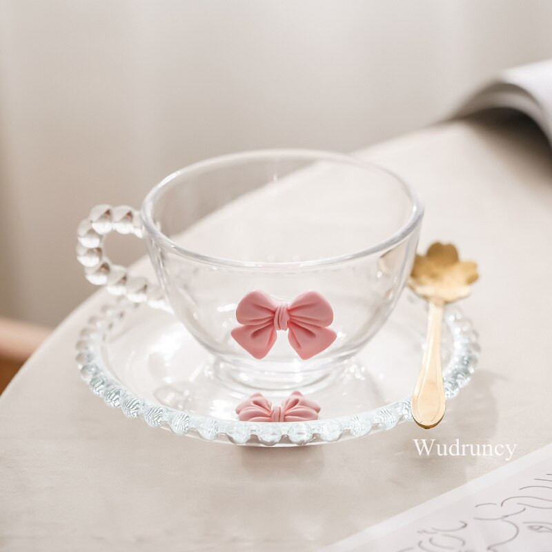 Wudruncy gyöngyös üveg teáscsésze és csészealj Girly Pink Bow átlátszó üveg kávéscsésze csészealj magas lábú desszert csésze kanállal