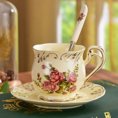 Set de sos cu floare din ceramică de lux, în stil anglia, ceașcă de cafea cu lingură pentru mic dejun din porcelană