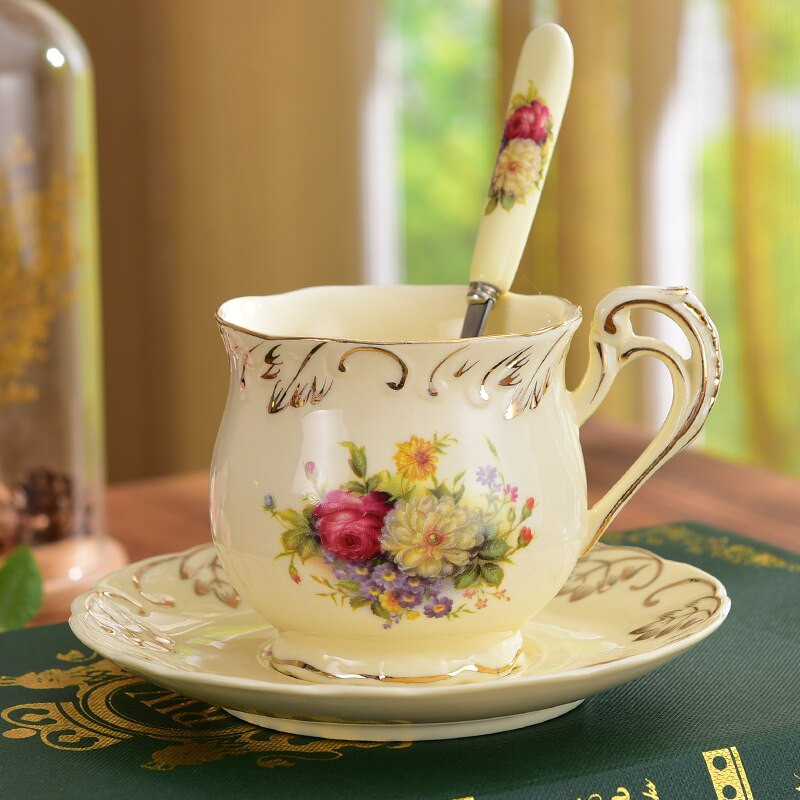 Set de sos cu floare din ceramică de lux, în stil anglia, ceașcă de cafea cu lingură pentru mic dejun din porcelană