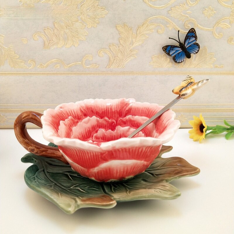 Ceașcă de ceai din bujor din ceramică chinezească Acasă Sufragerie Faceți ceașcă de apă potabilă cu tavă, lingură și capac Oferă cadouri