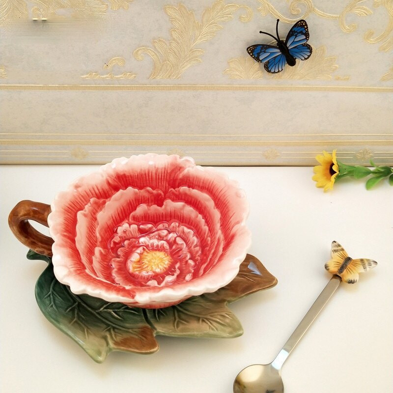 Ceașcă de ceai din bujor din ceramică chinezească Acasă Sufragerie Faceți ceașcă de apă potabilă cu tavă, lingură și capac Oferă cadouri