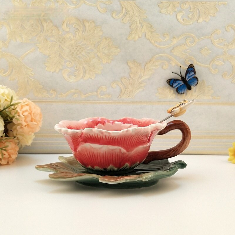 Ceașcă de ceai din bujor din ceramică chinezească Acasă Sufragerie Faceți ceașcă de apă potabilă cu tavă, lingură și capac Oferă cadouri