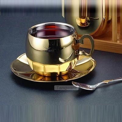 Dvisluoksnis 304 Nerūdijančio plieno Kavos puodelis ir lėkštutės Auksiniai sidabriniai espreso puodeliai Puodelio arbatos puodelio dizainas tazas de cafe namuose Gėrimas