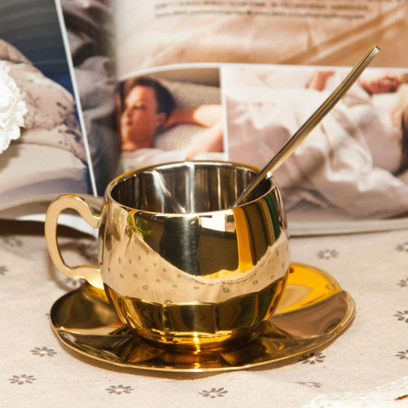 Double Layer 304 Rozsdamentes acél kávéscsésze és csészealjak Arany ezüst eszpresszó csészék Bögre teáscsésze design tazas de cafe otthoni italfogyasztás