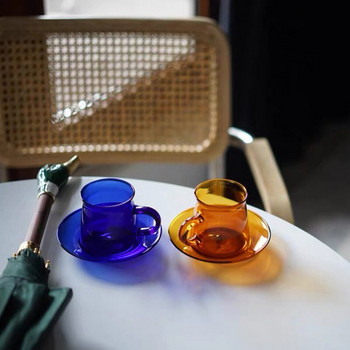 Ретро 220 мл класически семпъл комплект чинийки от стъклена чаша за чай Комплект чаши за кафе Цветни топлоустойчиви прибори за напитки