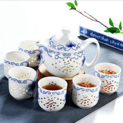 7 db/tétel kék-fehér, igényes kerámia teáskanna vízforraló teáscsésze porcelán kínai teáskészlet italkészlet