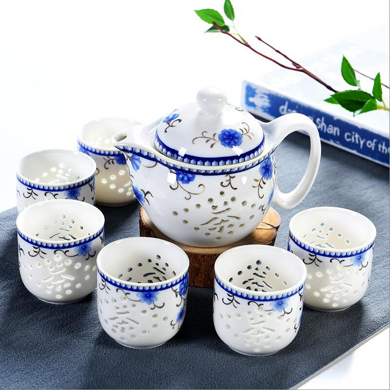 7 db/tétel kék-fehér, igényes kerámia teáskanna vízforraló teáscsésze porcelán kínai teáskészlet italkészlet