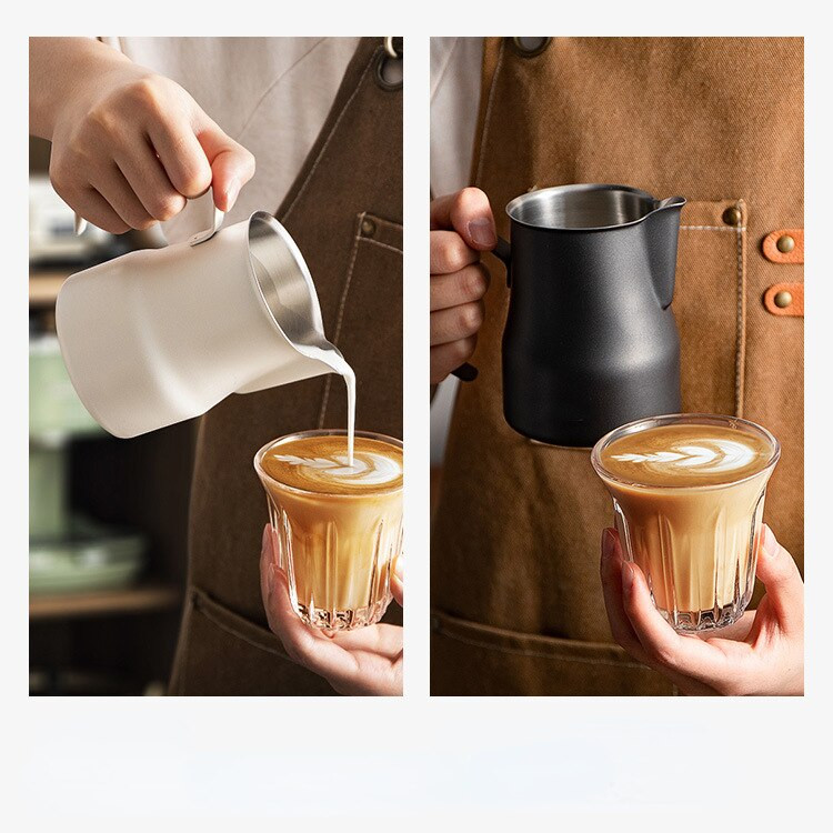 Fehér tejes edény belső mérleg 350 ml/500 ml rozsdamentes acél tejhab csésze Espresso Pull Flower csésze belső mérleg mérőpohárral
