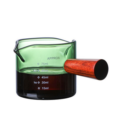 Vitražas medinės rankenos matavimo puodelis espreso stiklo dvigubo kaklelio butelio pieno puodelis medinės rankenos indeksavimas