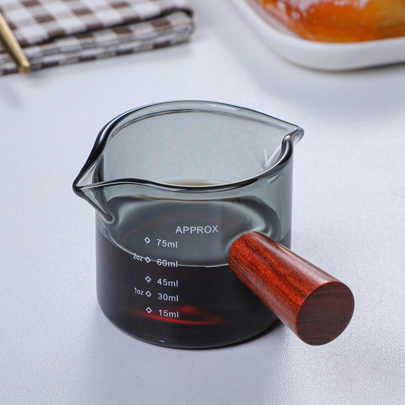 Vitražas medinės rankenos matavimo puodelis espreso stiklo dvigubo kaklelio butelio pieno puodelis medinės rankenos indeksavimas