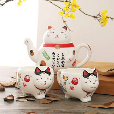 Сладък японски порцеланов комплект за чай Lucky Cat Творческа керамична чаша за чай Саксия с цедка Прекрасна котешка чаша за чайник Керамична чаша Ръчно изработена