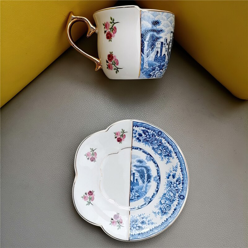 Kerámia kávéscsésze csészealj díszdoboz kínai stílusú, kreatív színben passzoló teáscsésze készlet kék-fehér porcelán fogantyús bögre víz