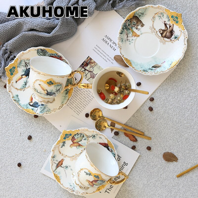 Jungle Series British Bone China Чаша Чаша Комплект чинийки Домашен следобеден чай с лъжица Подарък от висок клас
