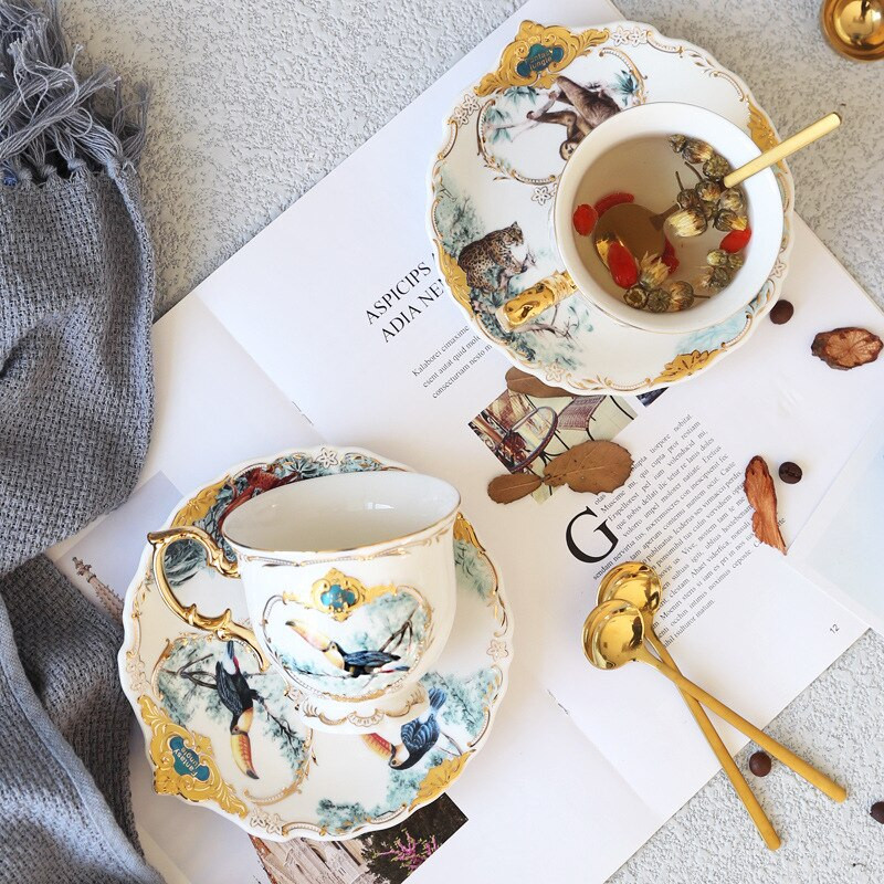 Jungle Series British Bone China teáscsésze csészealj készlet Otthoni délutáni tea kanállal Csúcskategóriás ajándék