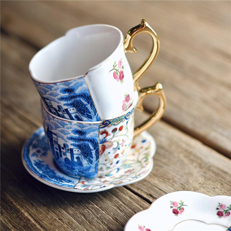 Kerámia kávéscsésze csészealj díszdoboz kínai stílusú kreatív színben passzoló teáscsésze készlet kék-fehér porcelán fogantyús bögre víz