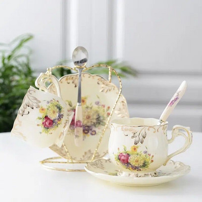 Гореща разпродажба Творческа керамична чаша за кафе и чинийка Ръчно рисувана порцеланова роза Чаша и лъжица за чай Класически подарък за напитка