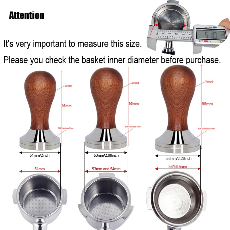 Калибриран инструмент за набиване на кафе, 51/53/58 мм тампон за кафе с основа от неръждаема стомана 304 и дръжка от масивно дърво