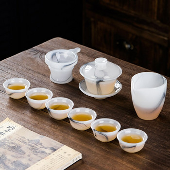 Ζωγραφική με μελάνι Λευκό νεφρίτη από πορσελάνινο γυάλινο κάλυμμα Μπολ Τσάι διαρροή Κίνα Kungfu Tea Trumpet Master Single Cup Teaset Ποτό Φλιτζάνια Τσαγιού