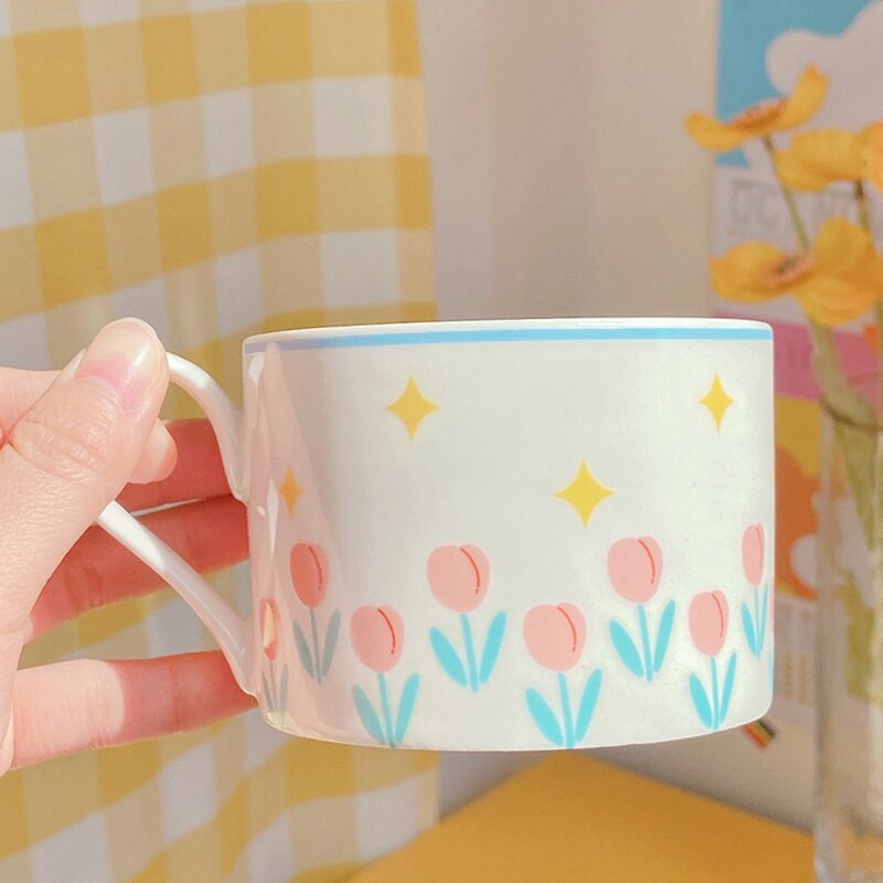 Ins sakktábla csésze és csészealj Koreai aranyos tulipán csészék Kerámia kávés tea csésze készlet Cappuccino Latte eszpresszó bögre Tökéletes ajándékok
