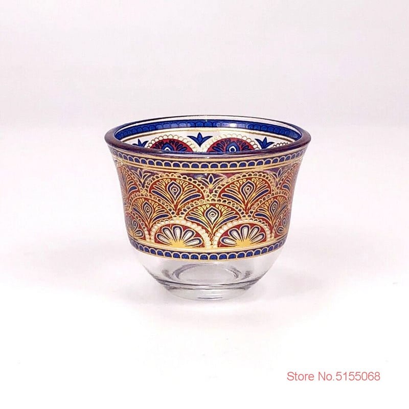 Romantiškas Artimųjų Rytų stiliaus kvepiančios arbatos puodelio lėkštės rinkinys Turkiškas juodos arbatos puodelis Prabangus mėlyna aukso spalva dažytas arbatos puodelis kavos stiklas