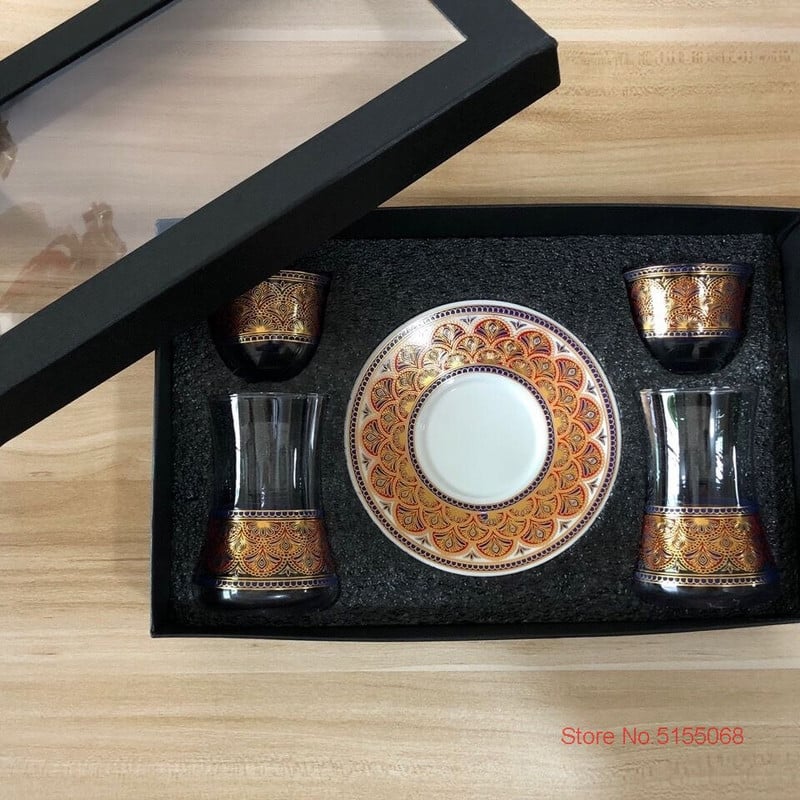 Romantiškas Artimųjų Rytų stiliaus kvepiančios arbatos puodelio lėkštės rinkinys Turkiškas juodos arbatos puodelis Prabangus mėlyna aukso spalva dažytas arbatos puodelis kavos stiklas