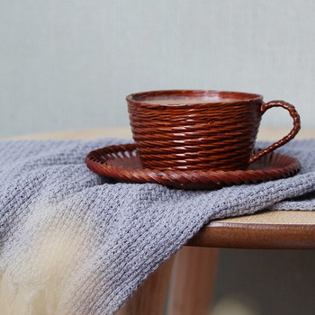 Μπαμπού υφαντό φλιτζάνι με πιατάκι σετ κουταλιού Χειροποίητη αδιαπέραστη κούπα για καφέ ποτό τσάι Νερό Οικολογικό Δώρο για το σπίτι
