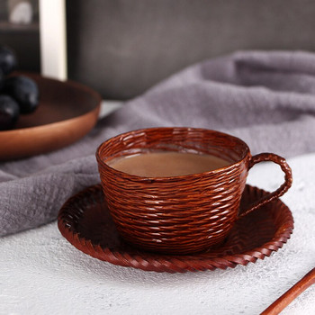 Μπαμπού υφαντό φλιτζάνι με πιατάκι σετ κουταλιού Χειροποίητη αδιαπέραστη κούπα για καφέ ποτό τσάι Νερό Οικολογικό Δώρο για το σπίτι