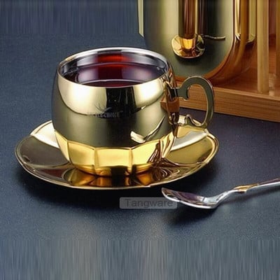Dviejų sluoksnių nerūdijančio plieno kavos puodeliai ir lėkštės Auksiniai sidabriniai espreso puodeliai Puodeliai arbatos puodeliai Dizainas Tazas De Cafe Namų gėrimas Naujas