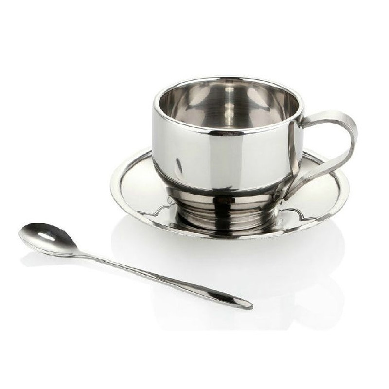 Dviejų sluoksnių nerūdijančio plieno kavos puodeliai ir lėkštės Auksiniai sidabriniai espreso puodeliai Puodeliai arbatos puodeliai Dizainas Tazas De Cafe Namų gėrimas Naujas