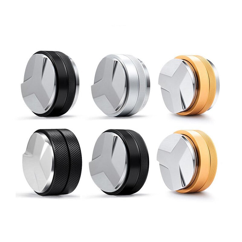 51/53/58 mm dvigubas kavos tamperis nerūdijančio plieno espreso kavos plaktukas su trijų kampų nuolydžiu ir plokščiu pagrindu reguliuojamas miltelių plaktukas