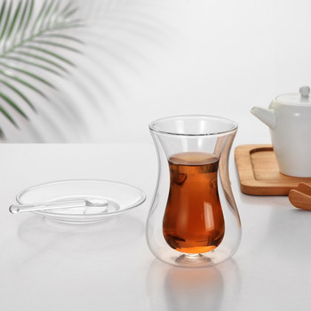 Чаша за черен чай Чинийка Комплекти чаени лъжички Турска Bohea Стъклена термоизолирана чаша с двойна стена Чаша за чай Чаша за турски чай Стъклена чаша