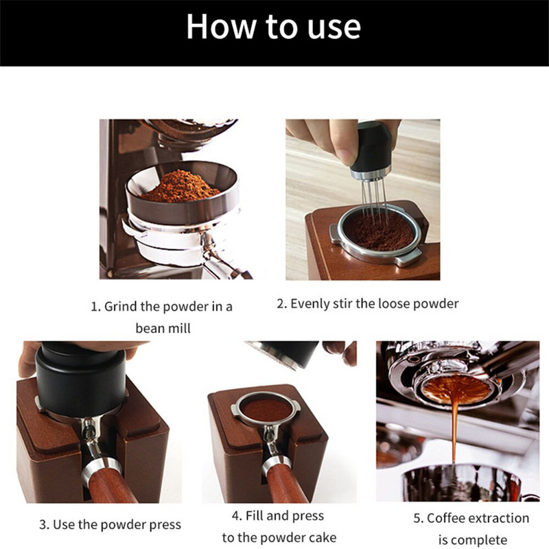 Блендер за еспресо 8 игли за набиване на кафе Самоподравняваща се стойка Основа от алуминиева сплав Плат за кафе игли за прах Wdt Инструменти за разбъркване