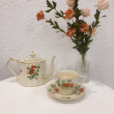 Retro šalica za kavu i tanjurić s jagodama Ekološki set za čaj Čajnik Keramički vintage šalica za posuđe za višekratnu upotrebu Tazas De Cafe EB5BD