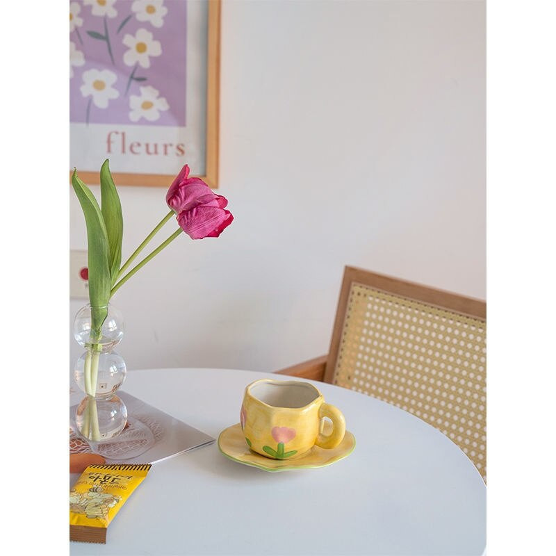 Arbatos puodelio ir lėkštutės rinkinys Stilius kavos puodelių rinkinys Retro stiliaus rankomis suspausti keraminiai puodeliai Popietės arbatos puodelių rinkiniai Puodelis