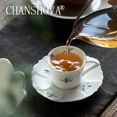 CHANSHOVA Чаша в китайски стил Ръчно изработена, ръчно рисувана керамична чаша за чай, комплект чаша за кафе, чинийка, Прибори за пиене, Китайски порцелан C016