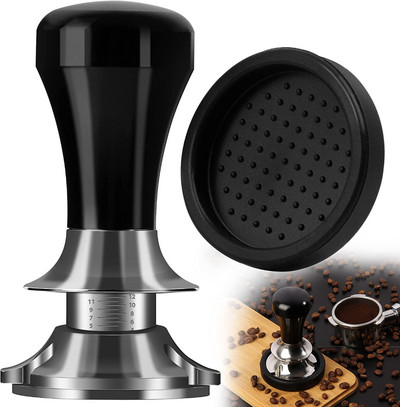 Tamper cafea 51/53/58mm Adâncime reglabilă cu scară Arcuri espresso de 30 lb Tasare calibrată Bază plată din oțel inoxidabil cu covoraș