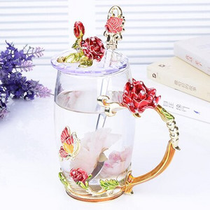 Stiklinis kavos puodelis Rožė ir Kalnų krištolas dekoruotas emaliu Kavos puodelis Puodelis Gėlių Arbata Pieno puodeliai Lydinio rankenos puodeliai su lėkšte dangteliu