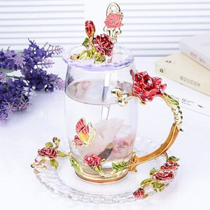 Stiklinis kavos puodelis Rožė ir Kalnų krištolas dekoruotas emaliu Kavos puodelis Puodelis Gėlių Arbata Pieno puodeliai Lydinio rankenos puodeliai su lėkšte dangteliu