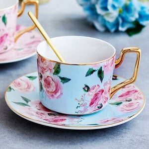Moda cu margine aurie cu model de trandafiri, ceașcă de cafea din ceramică, set de farfurii pentru ceai de cafea de uz casnic, ceașcă de ceai de după-amiază simplă cu lingură