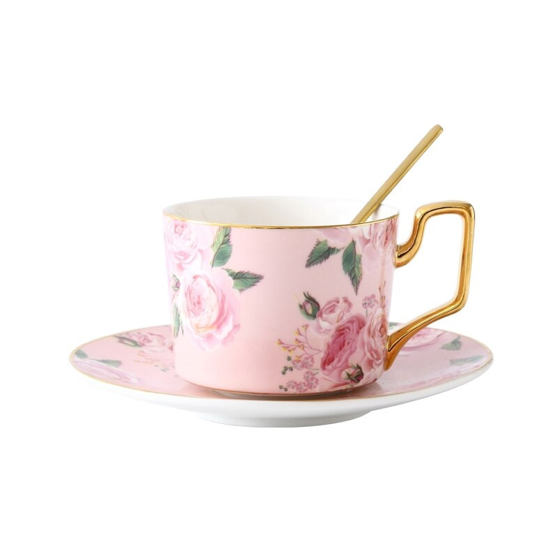Moda cu margine aurie cu model de trandafiri, ceașcă de cafea din ceramică, set de farfurii pentru ceai de cafea de uz casnic, ceașcă de ceai de după-amiază simplă cu lingură