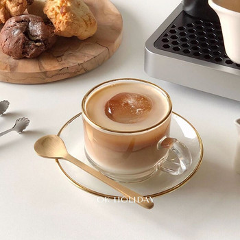 Nordic Creative Луксозна чаша Стъклена прозрачна златна джанта с комплект чинийки Чаша Tazas Cafe Съдове за напитки Мляко Чаши за чай Офис